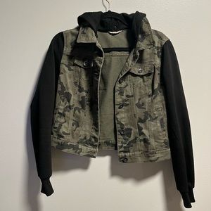 Hooded camo print denim sweatshirt jacket